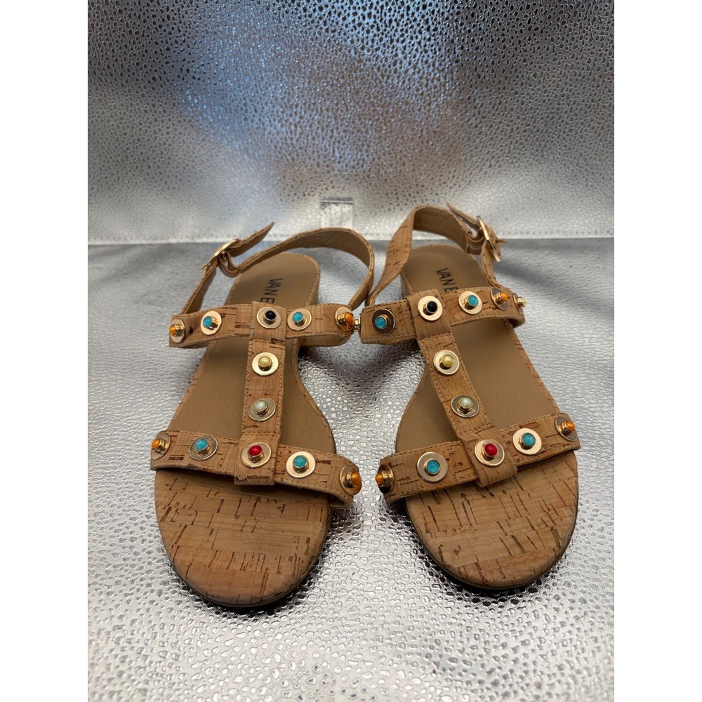 Van Eli Cork T-Strap Flat Sandals Multi-Color Studded Boho Tan Womens 7M